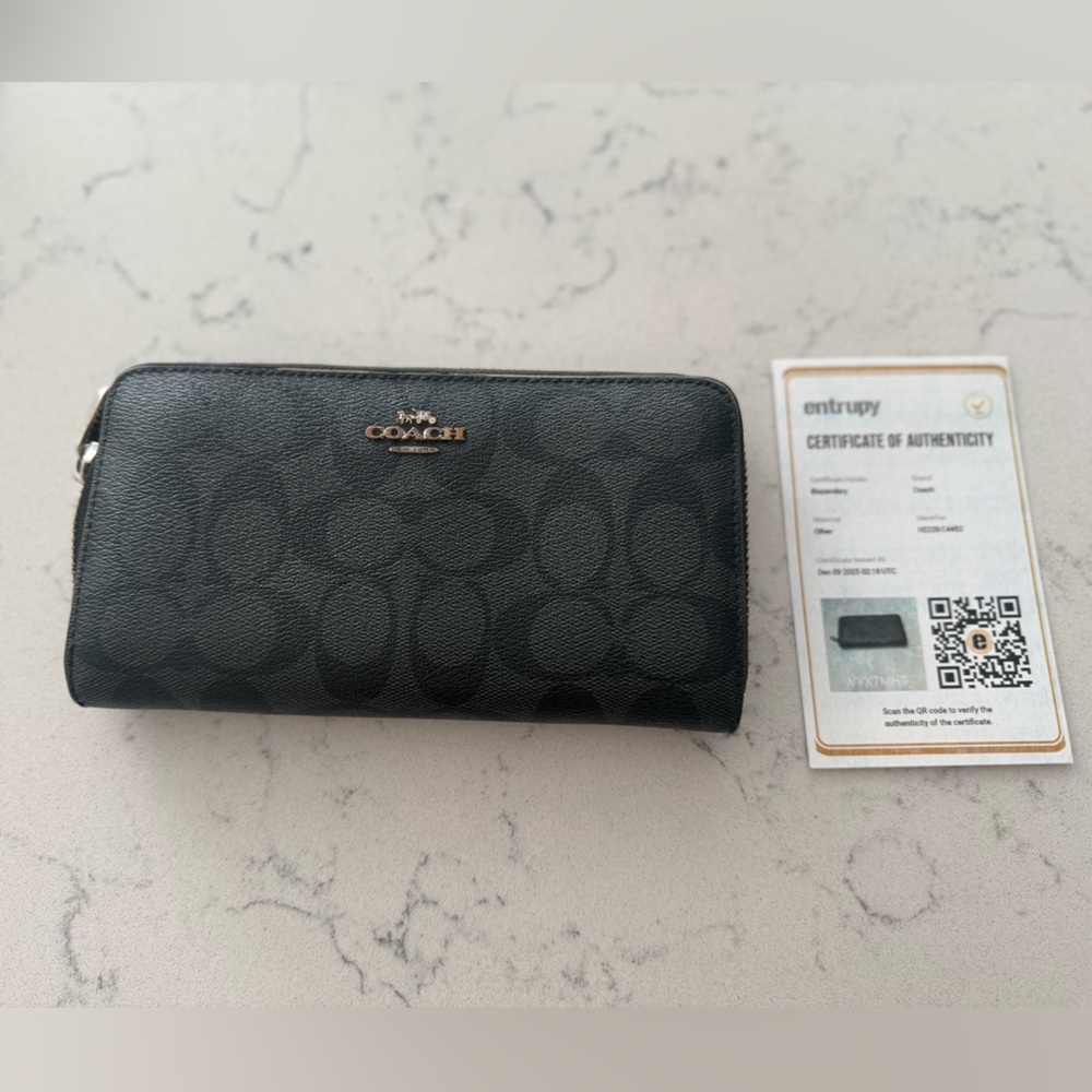 Coach Signature Monogram Black Leather Long Zip Wallet